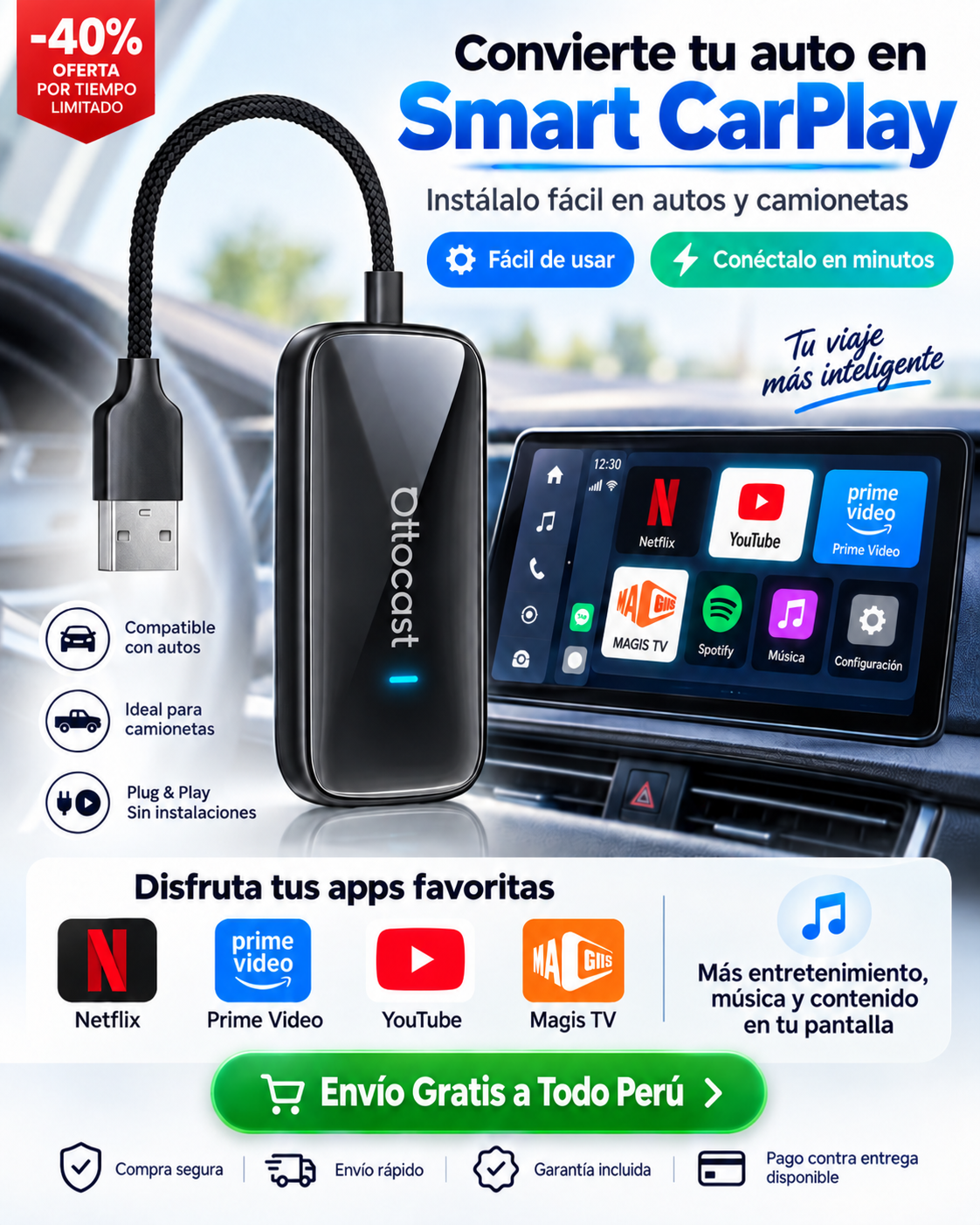 OTTOCAST – Netflix, YouTube y CarPlay/Android Auto inalámbrico